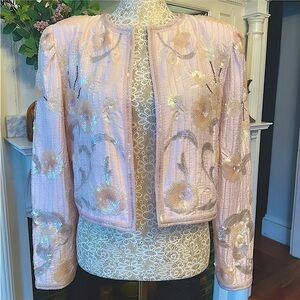 VINTAGE A.J. BARI 100% Silk Light Pink Beaded/Sequin Floral Evening Jacket Sz 4
